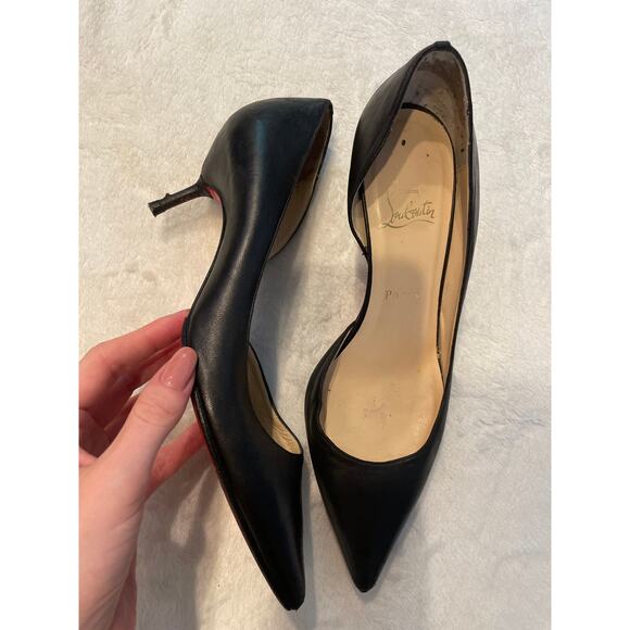 CHRISTIAN LOUBOUTIN Iriza Leather D'Orsay Pumps 38 Pointed Toe Kitten Heel Black - Picture 1 of 12